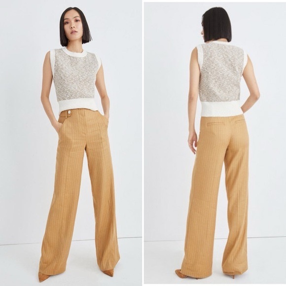 Veronica Beard Sunny Pinstripe Wide Leg Linen Waist Button Detail Pants - Picture 2 of 11
